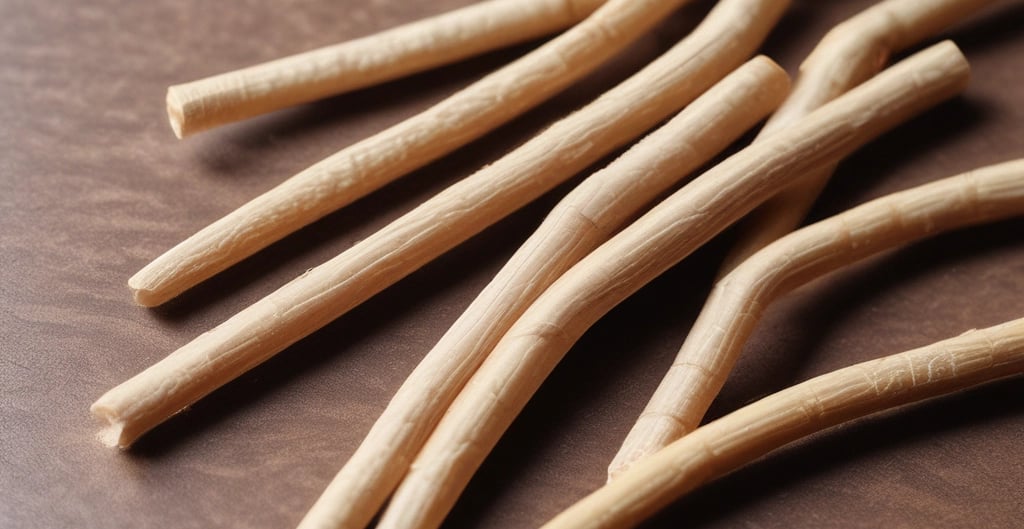 A close-up of a natural miswak stick resting on a bamboo mat.