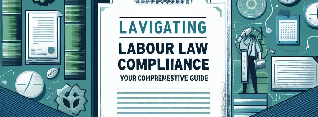 Image depicting labour law compliance with legal documents, handshake, and diverse workers.