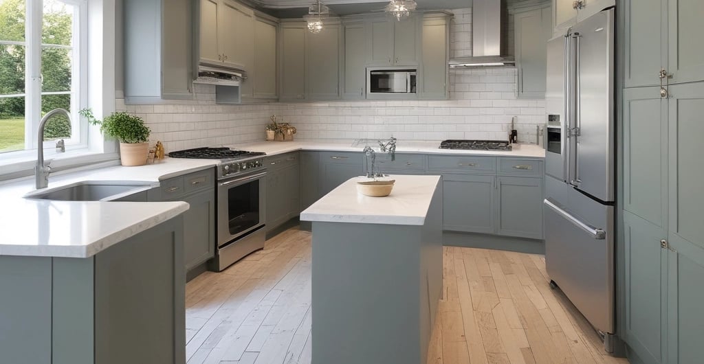 Modern kitchen with sage green cabinets, white quartz countertops, and a small central island.