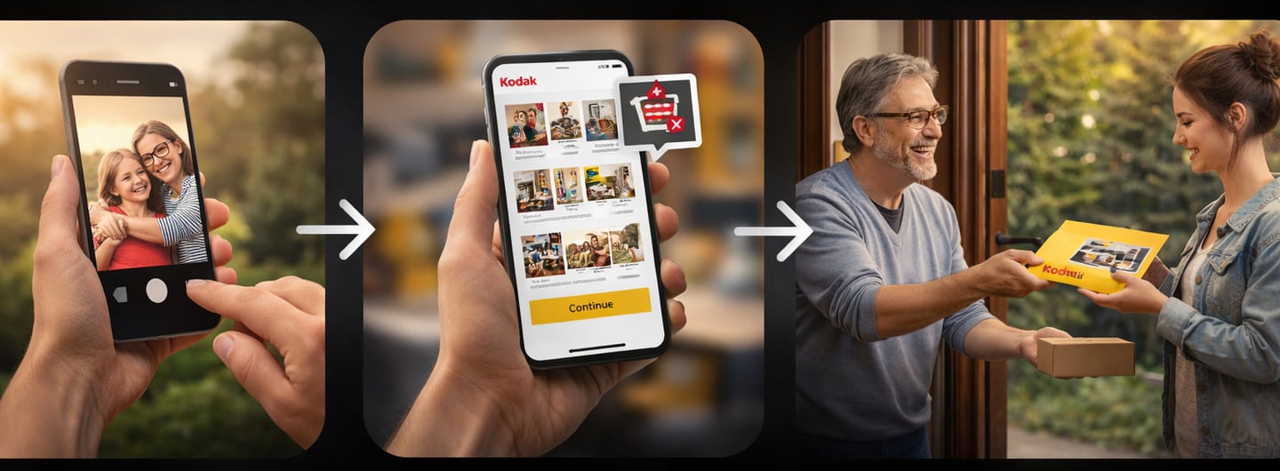 A person using the Kodak mobile app to order photo prints for home delivery.