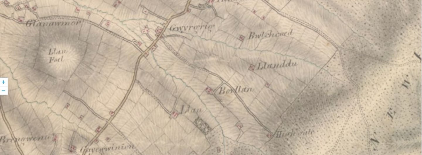 1811 map of Gwyddgrug showing Berllan farm