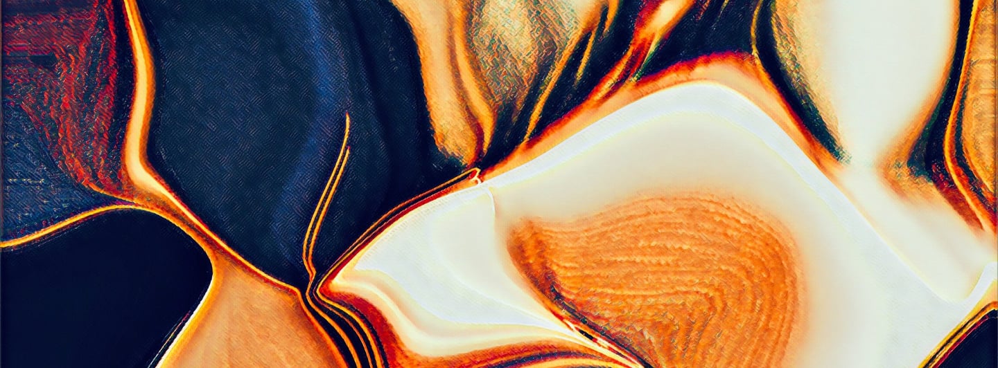 Modern flowing digital art with swirls of rich navy blue, gold, amber and ivory fluids by Fermionne.