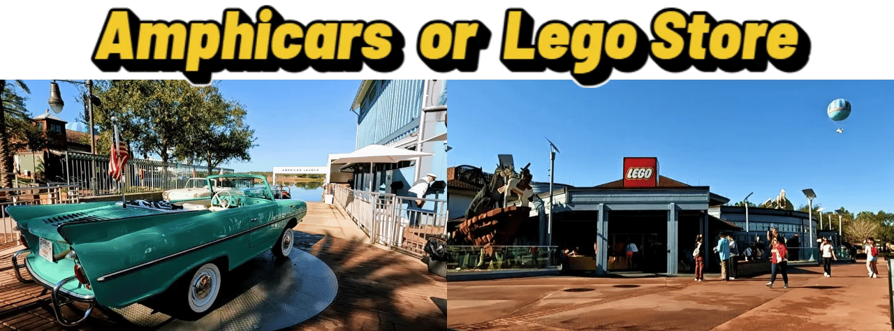 Split screen of Amphicar dock and LEGO Store at Disney Springs on a sunny day.