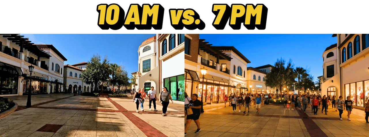 Disney Springs walkway shown at 10 AM and 7 PM, comparing quiet morning crowds with a busy evening scene.”