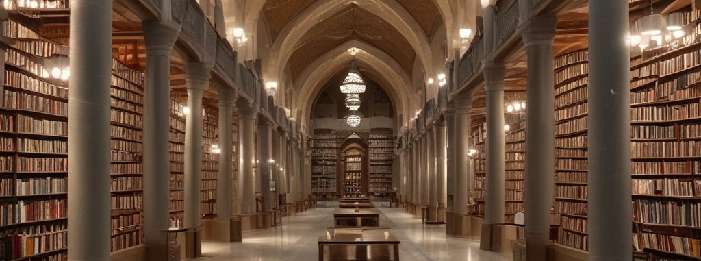 Two individuals are standing in front of two bookcases labeled 'Free Islamic Books.' The bookcases are filled with various books and pamphlets. The man is holding a book, and there is a carpet on the floor.