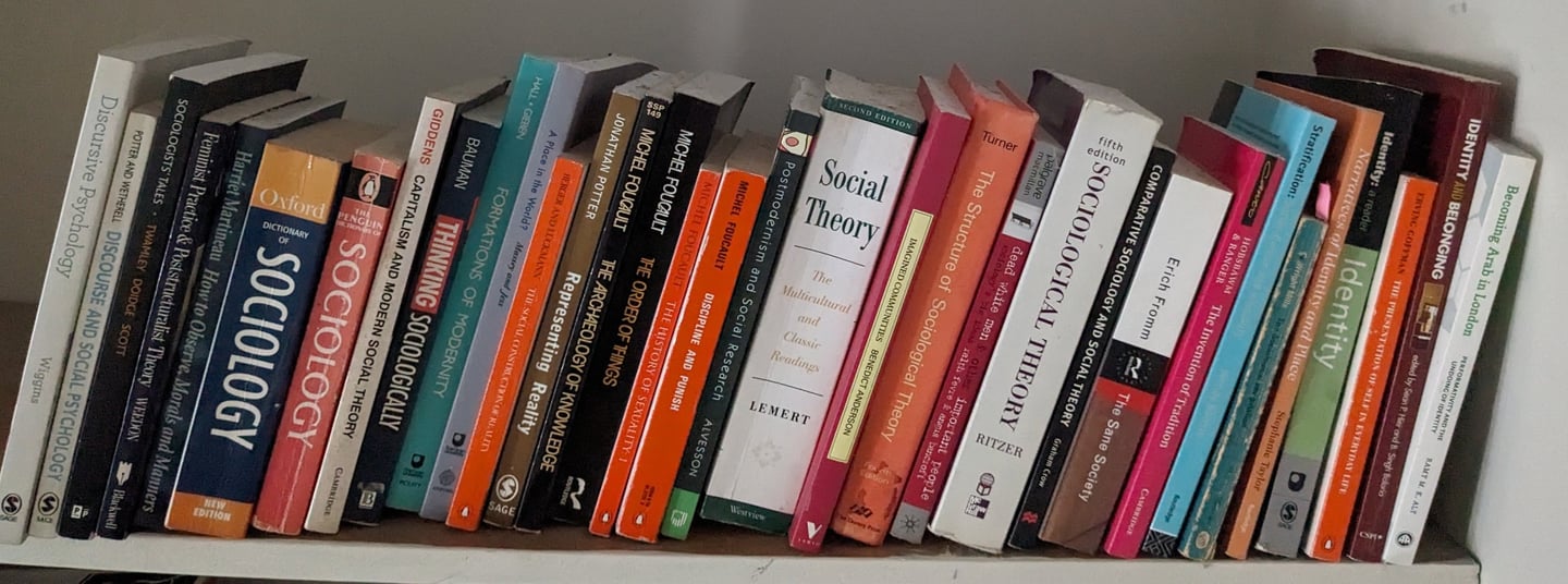 Academic books on social theory, sociological theory and sociology on a shelf.