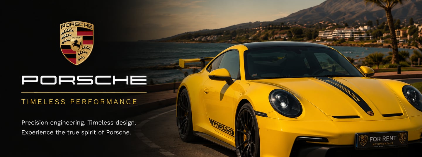 Yellow Porsche 911 GT3 RS luxury sports car parked on a scenic coastal road at sunset.