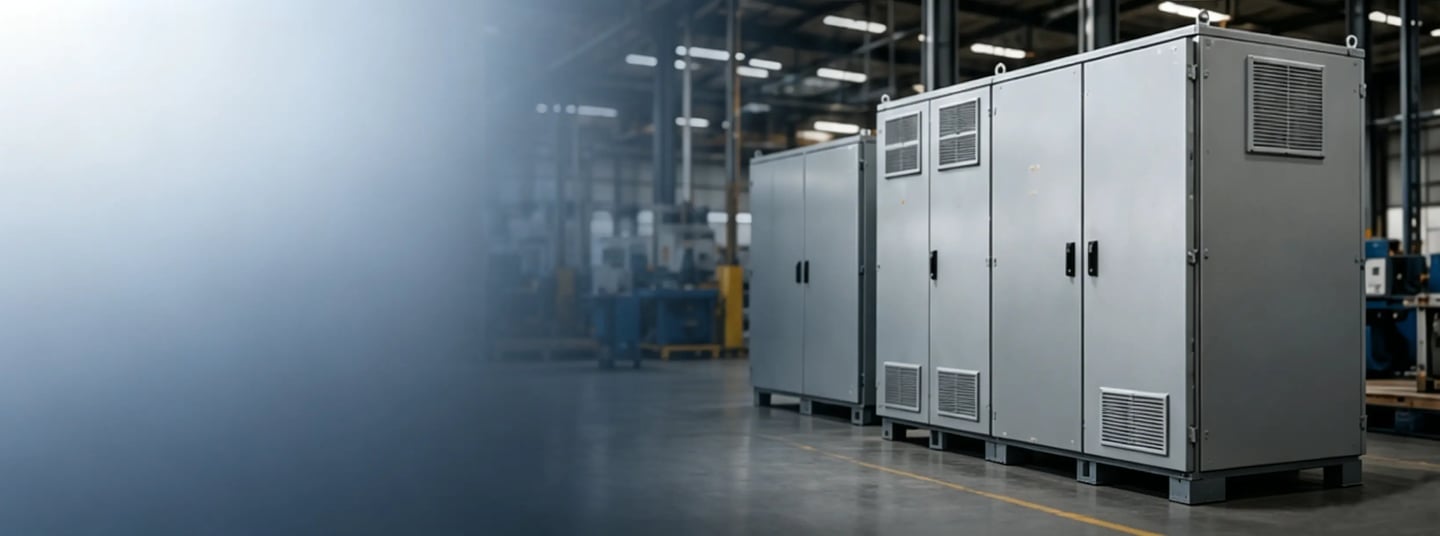 Industrial electrical control panels and metal enclosures inside a modern factory warehouse facility.