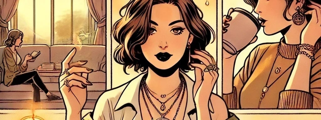 a woman in a hat and a hat on a table