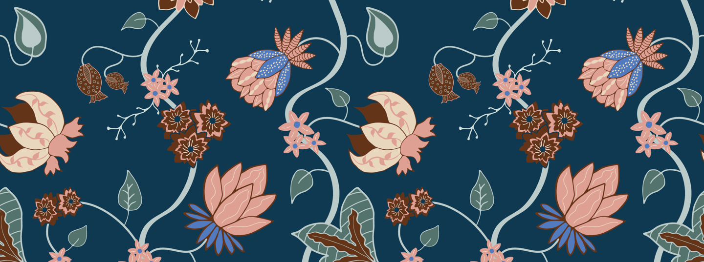 Modern Indian Chintz repeating pattern design with navy blue background and folk style flowers.