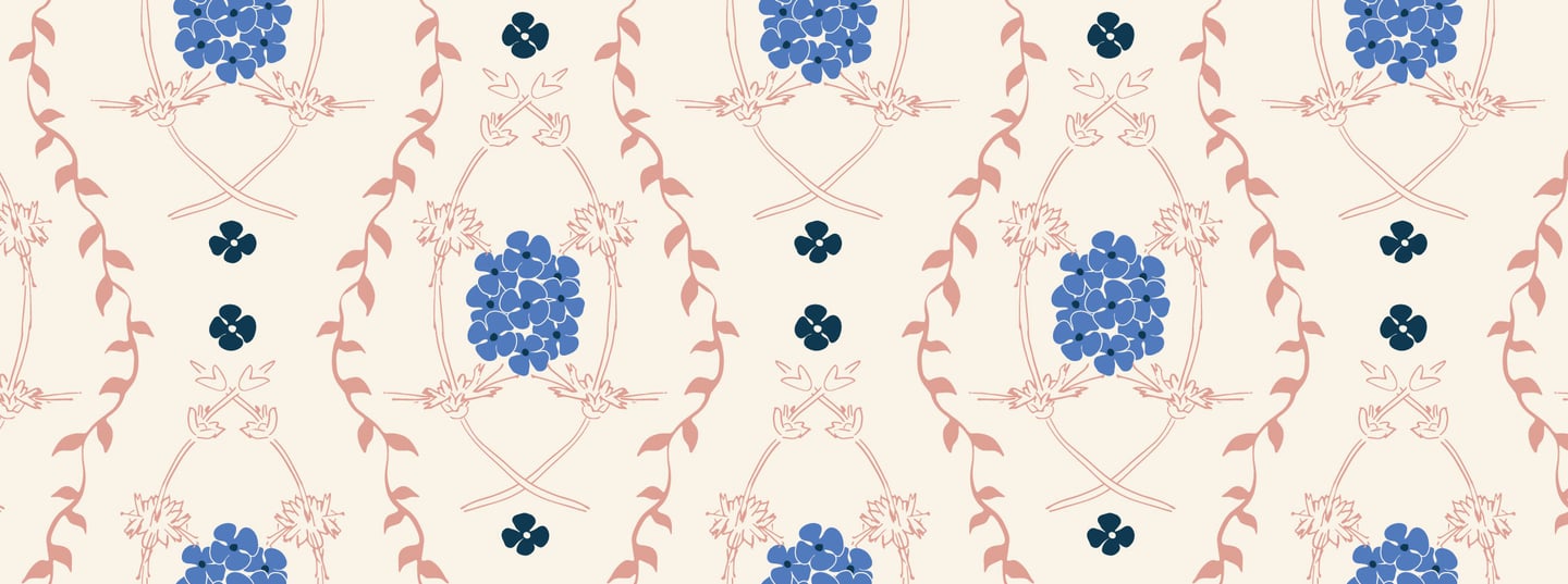 Modern damask style repeating pattern design using vines, florals & sage plants for botanical design