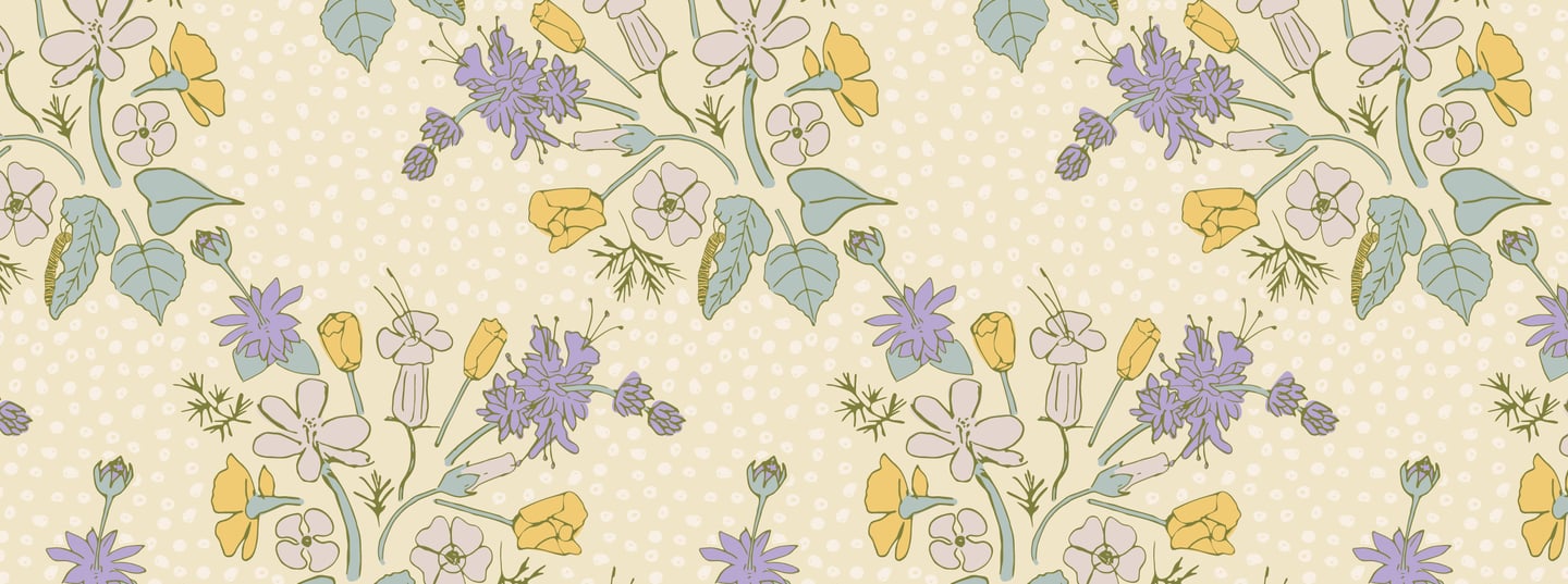 Repeating pattern design with native california wildflowers and sage plants in a warm color palette
