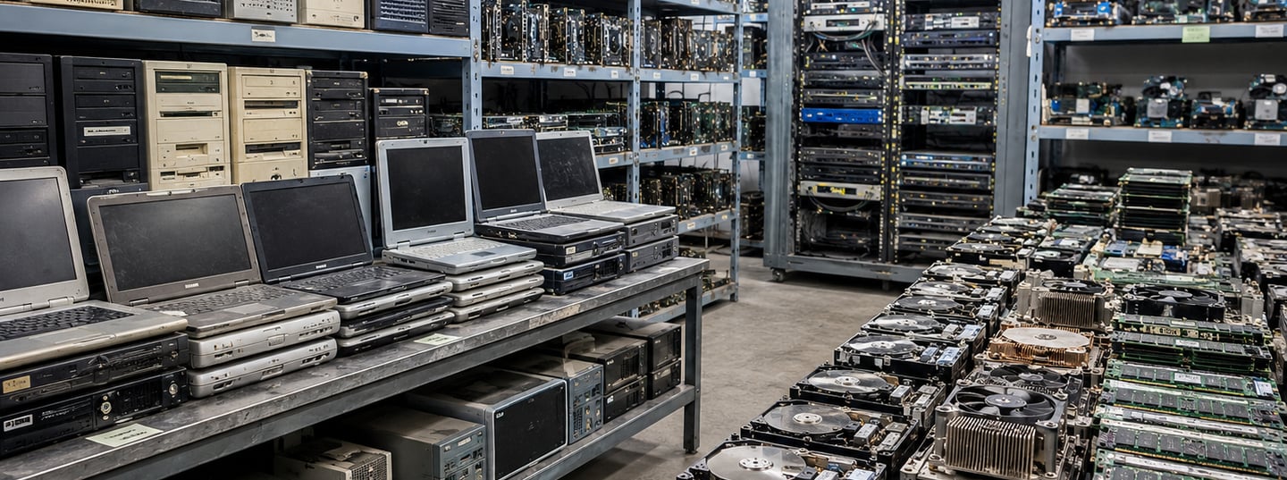 A warehouse for e-waste recycling filled with rows of used laptops, computer towers, and server hardware.