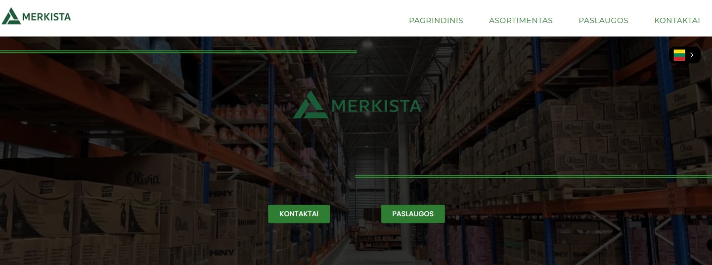 Merkista's warehouse interior, featuring rows of stacked boxes with the company's logo prominently displayed, illustrating