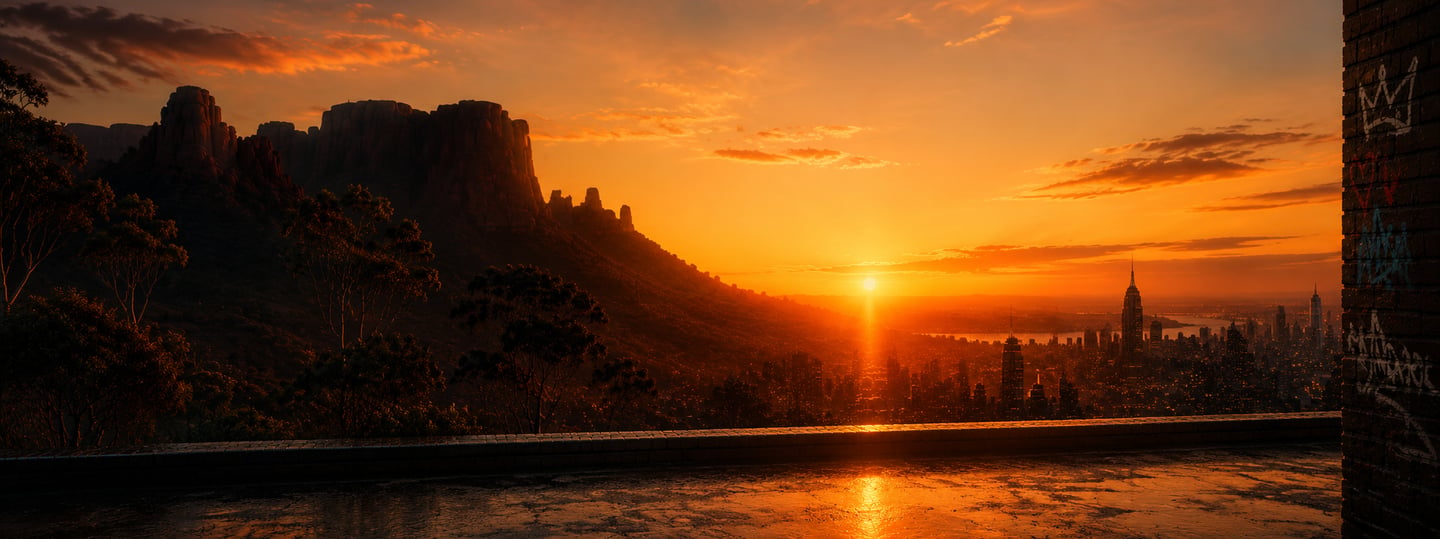 A golden sunset glows over a mountain range and a distant city skyline with tall skyscrapers.