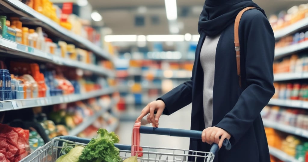 A person is holding various groceries, including a paper bag, organic whole wheat flour, eggs, a carton of Kerrygold butter, and a red coffee package. The individual wears a white knitted cardigan over a grey dress.