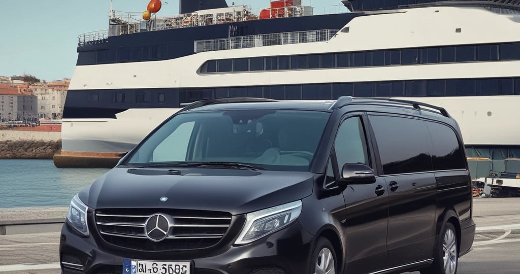 Black background with white outlines of Rome's Colosseum and a sleek modern car.