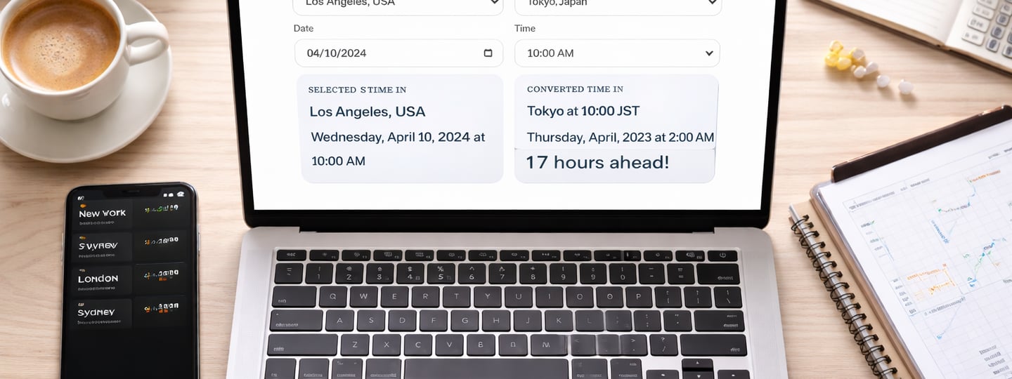 Time zone converter tool showing Los Angeles to Tokyo time conversion on laptop_timenowonline