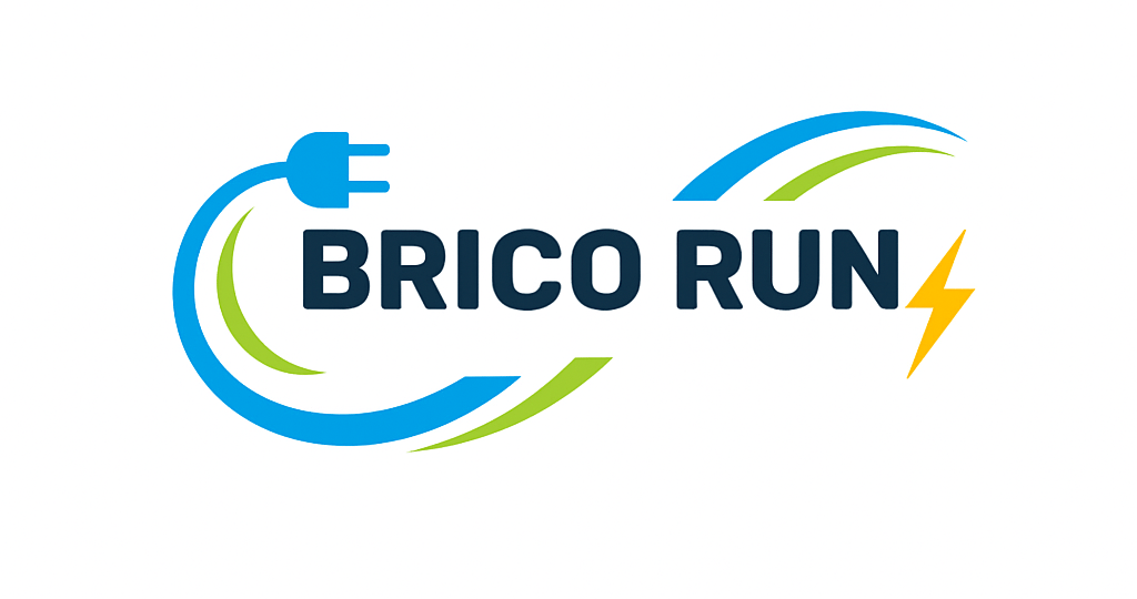 Brico Run electrical logo featuring a blue power plug, yellow lightning bolt, and green swoosh.