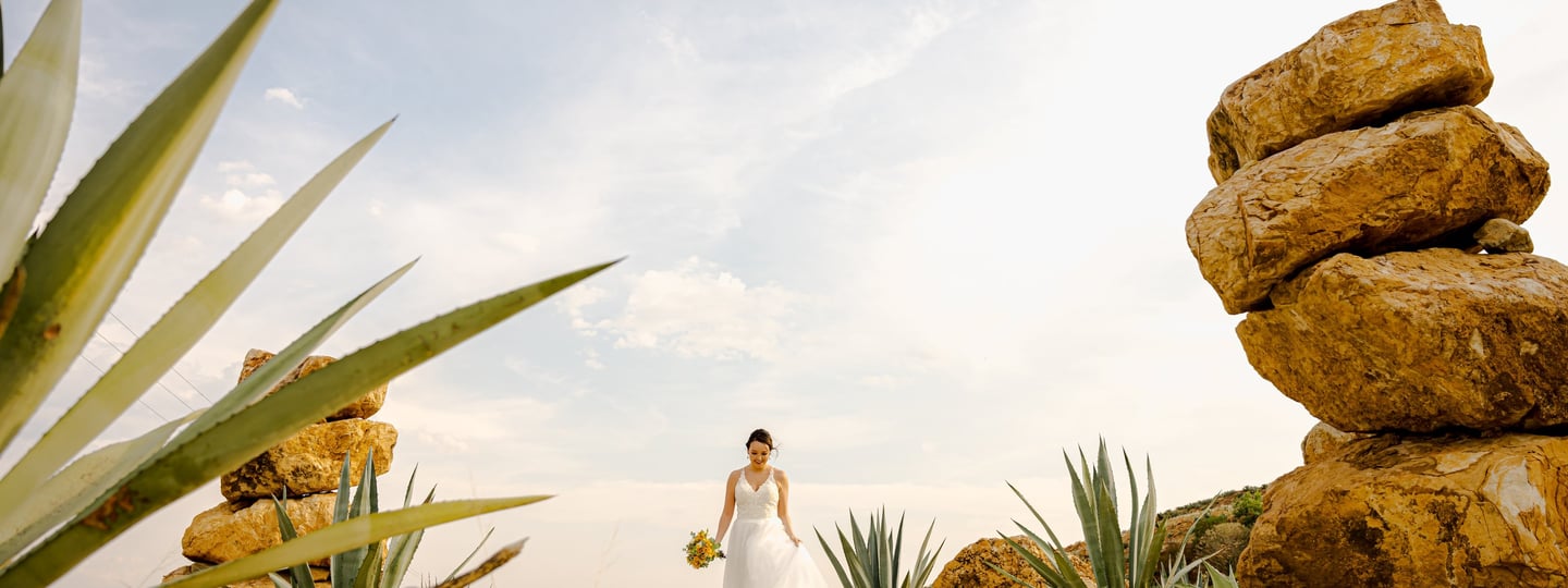 a bride in a white wedding dress standing in front of a rock formation