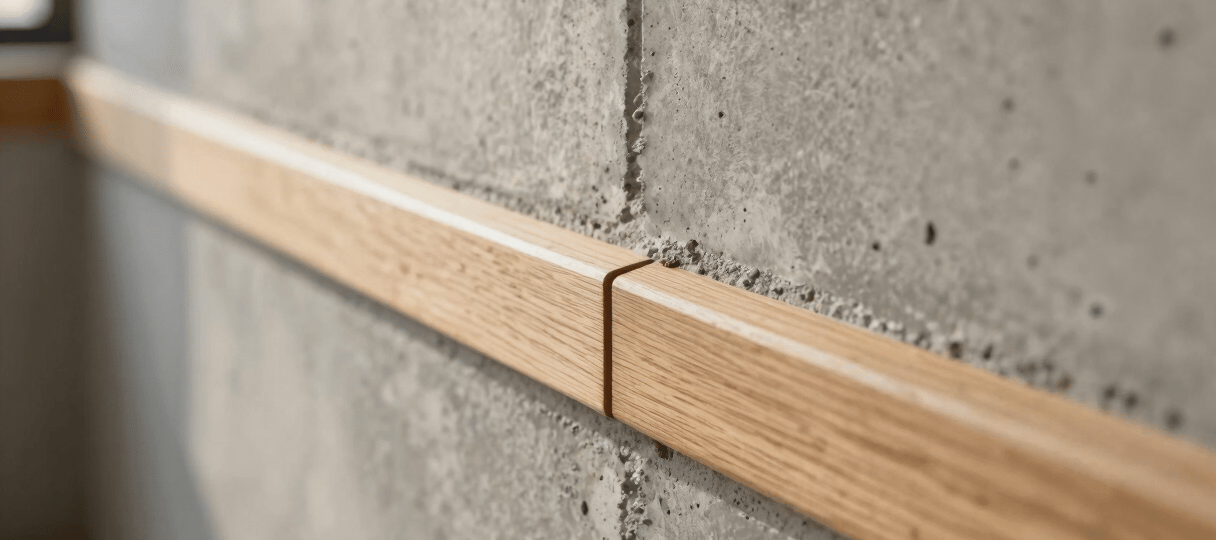Close-up of a material junction — raw concrete wall meeting a light oak threshold strip, shot with diffused north window light, no people, no props, sharp detail of the joinery seam, muted warm tones