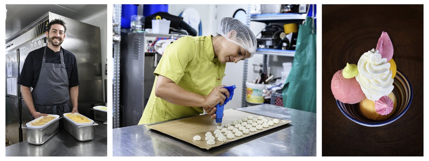 Un couple de travailleurs confectionne des pâtisseries et des glaces dans un laboratoire