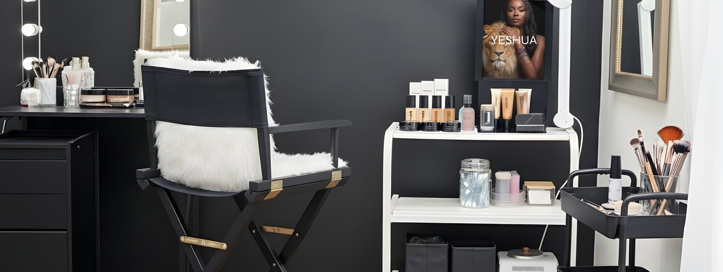 A makeup room with cosmetics