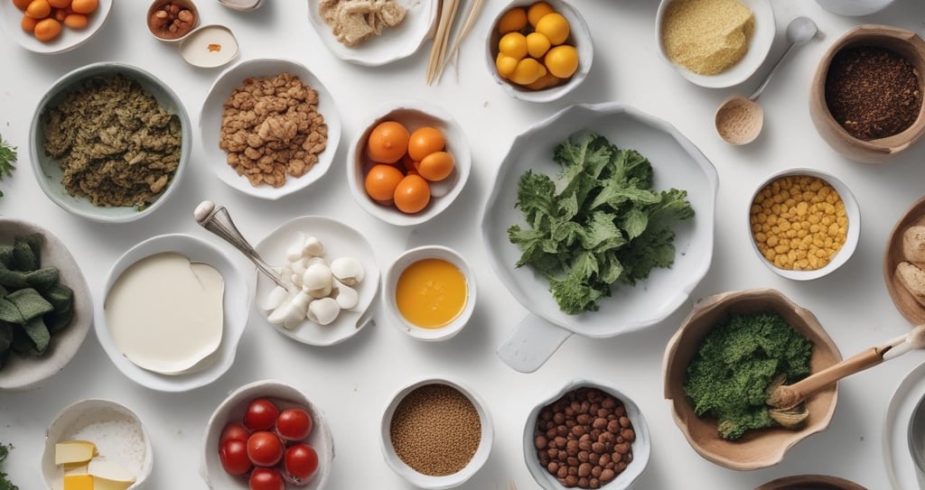 A meal is arranged on a textured placemat with geometric patterns. A vibrant blue bowl contains a fresh salad with leafy greens, diced tomatoes, cucumbers, and avocado. Next to it is a bowl filled with cooked grains, likely quinoa or bulgur, in a white and blue-rimmed bowl. A plate features grilled chicken breast with grill marks, placed beside a fork. A decorative glass holds an orange beverage, possibly juice.