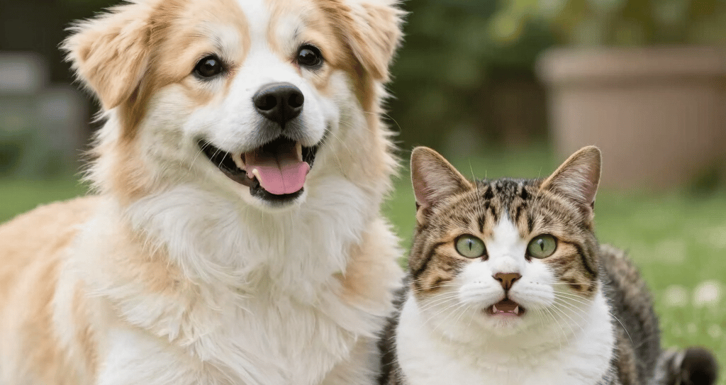 A joyful dog and cat lounging together in a sunny garden, embodying health and happiness.