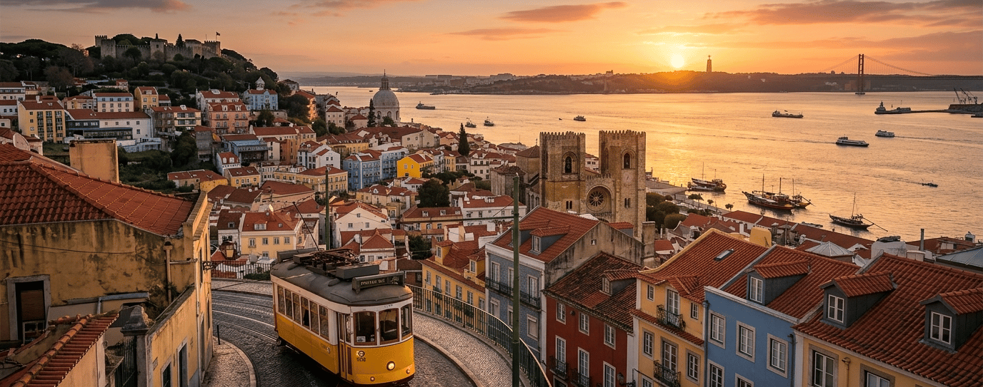 Lisboa com bondinho e casas coloridas ao entardecer em Portugal