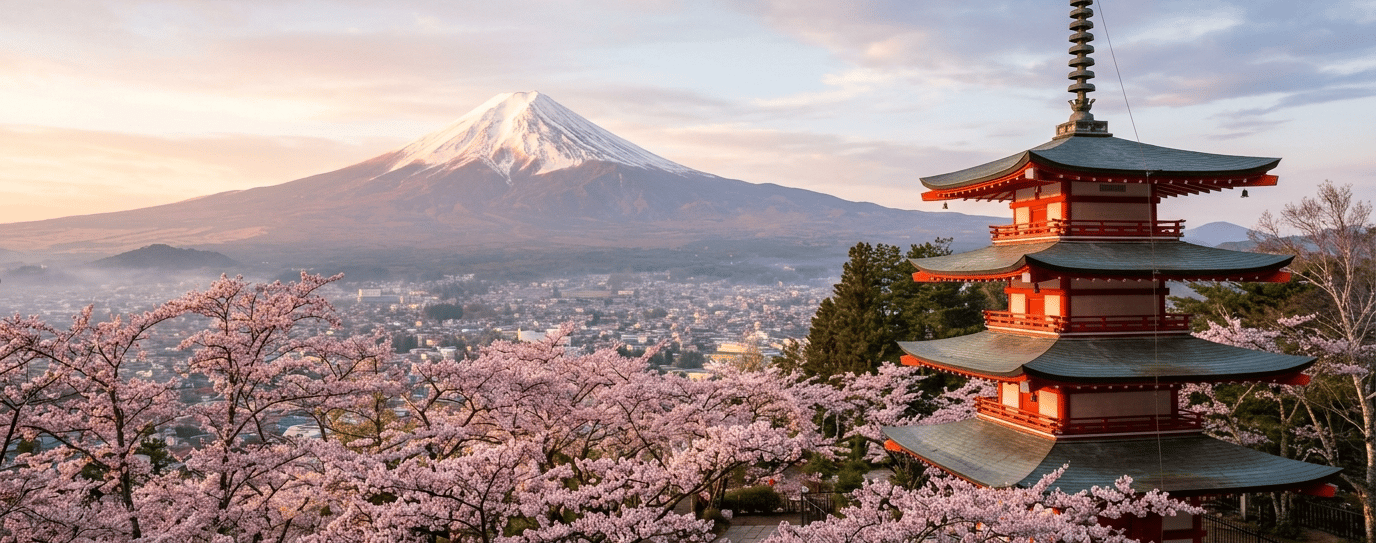 Templo no Japão com Monte Fuji e cerejeiras ao amanhecer
