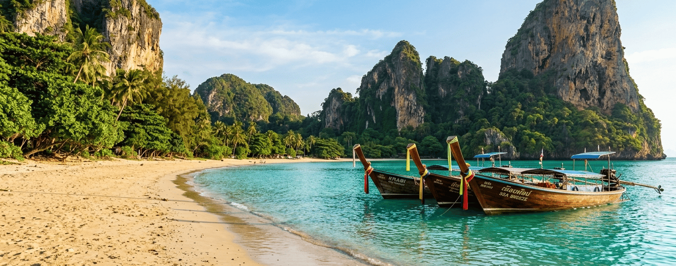 Praia na Tailândia com água azul e barcos tradicionais ao amanhecer