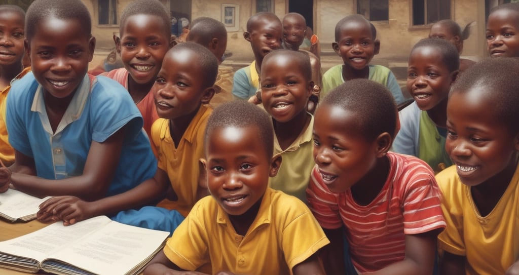 A group of diverse Liberian women and men smiling together at a community event promoting gender equality.