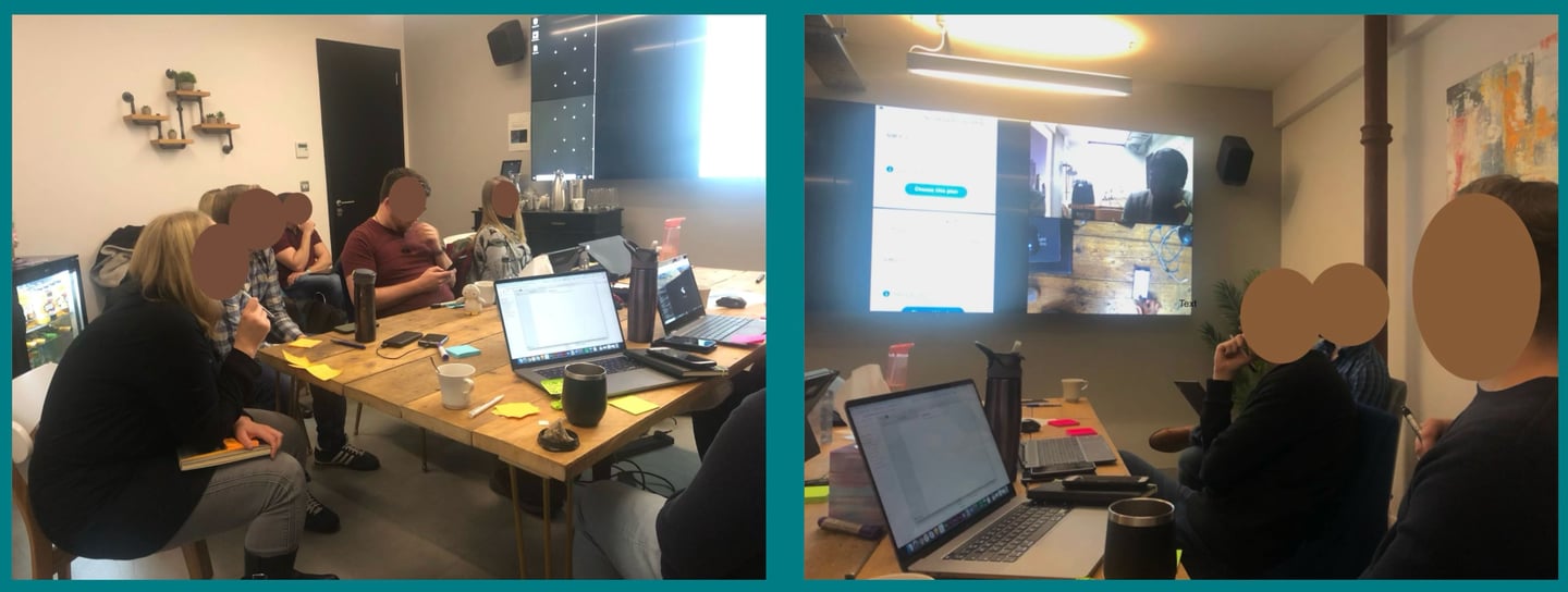 Members of the project team sat around a table observing usability testing. 