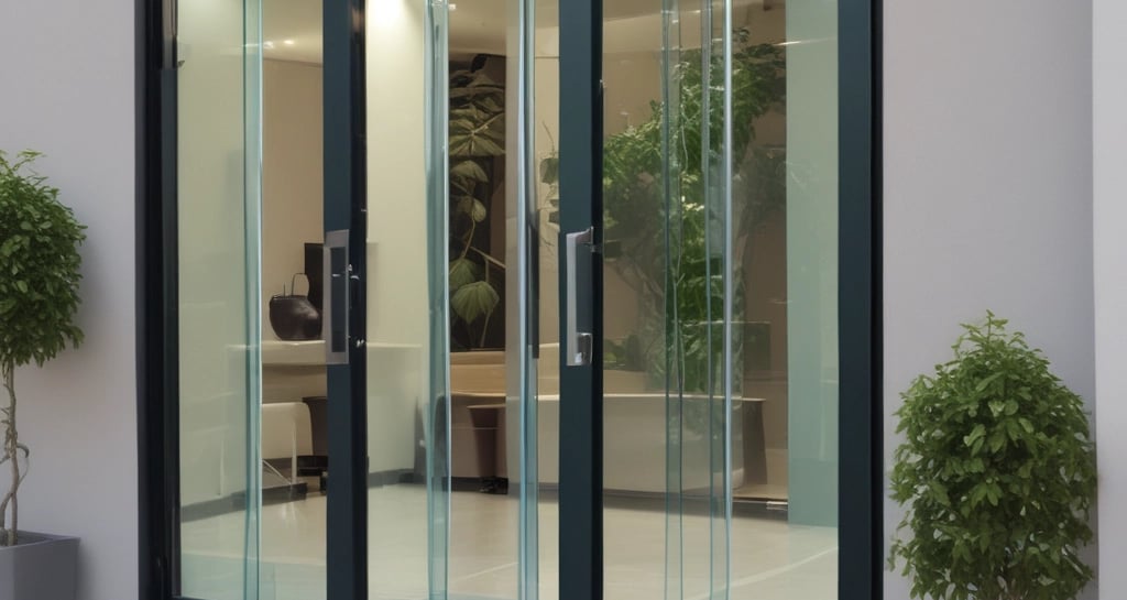 A sleek modern glass door with black and gold accents reflecting luxury and trust.