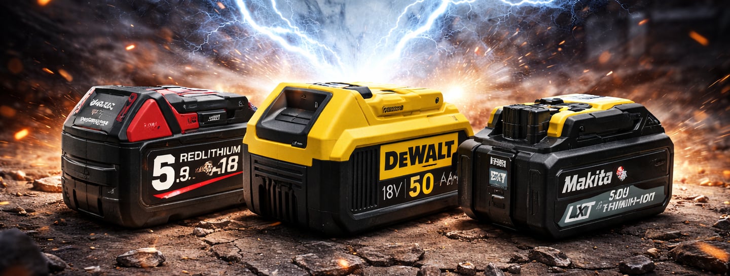 Dewalt, Milwaukee, and Makita power tool batteries glowing with electric sparks.