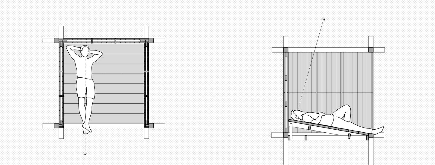 A floor plan and elevation of a wood pavilion