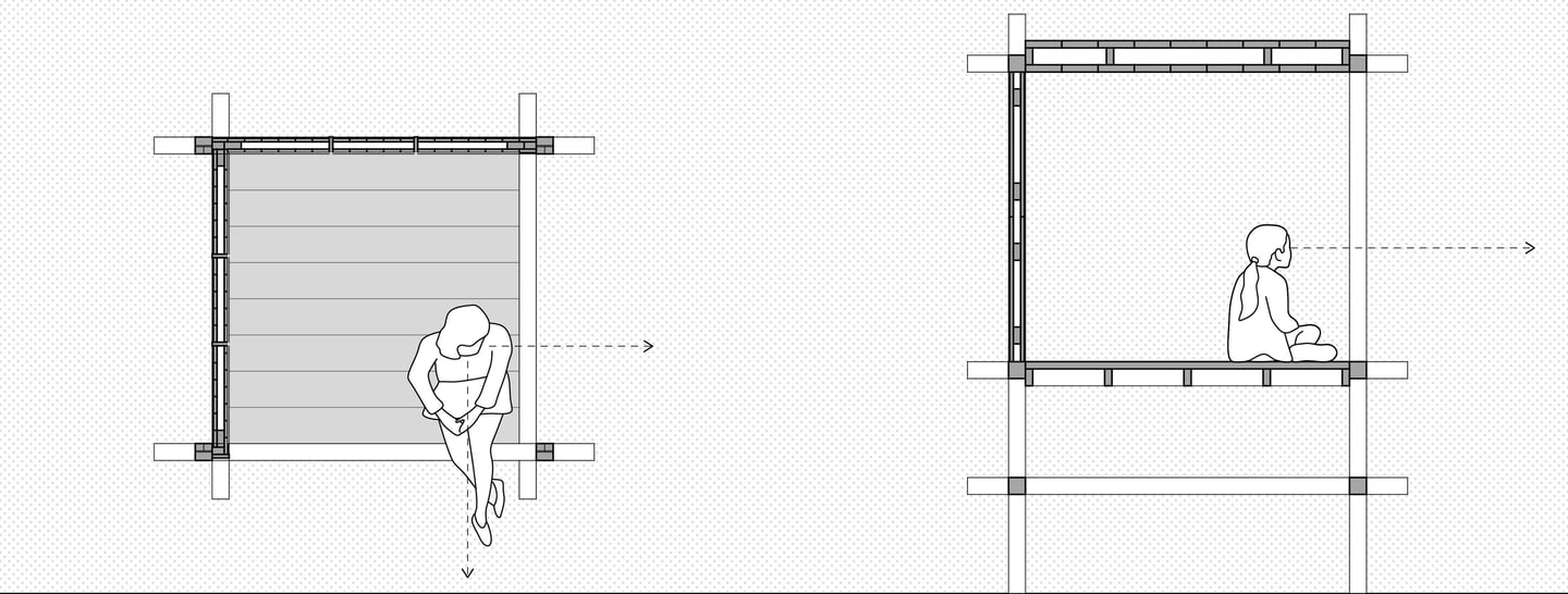 A floor plan and elevation of a wood pavilion