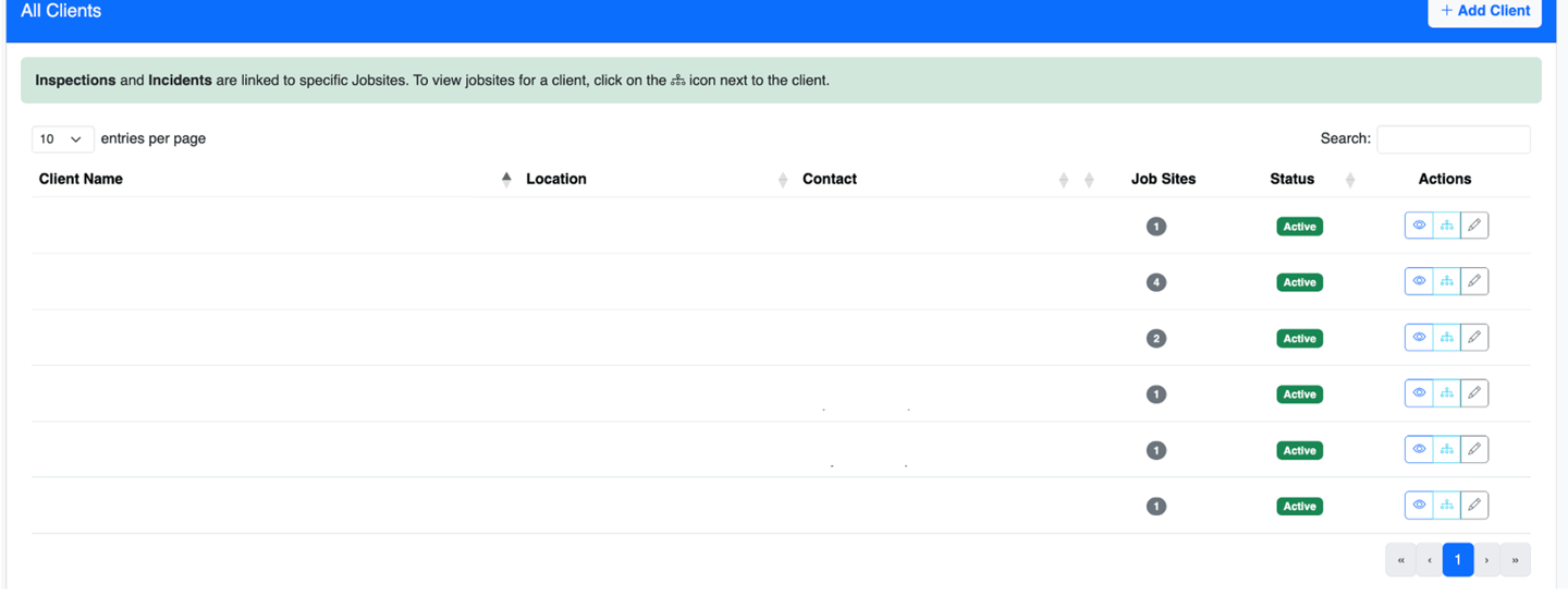 Screenshot of Client view on OSHAlytics safety inspection application