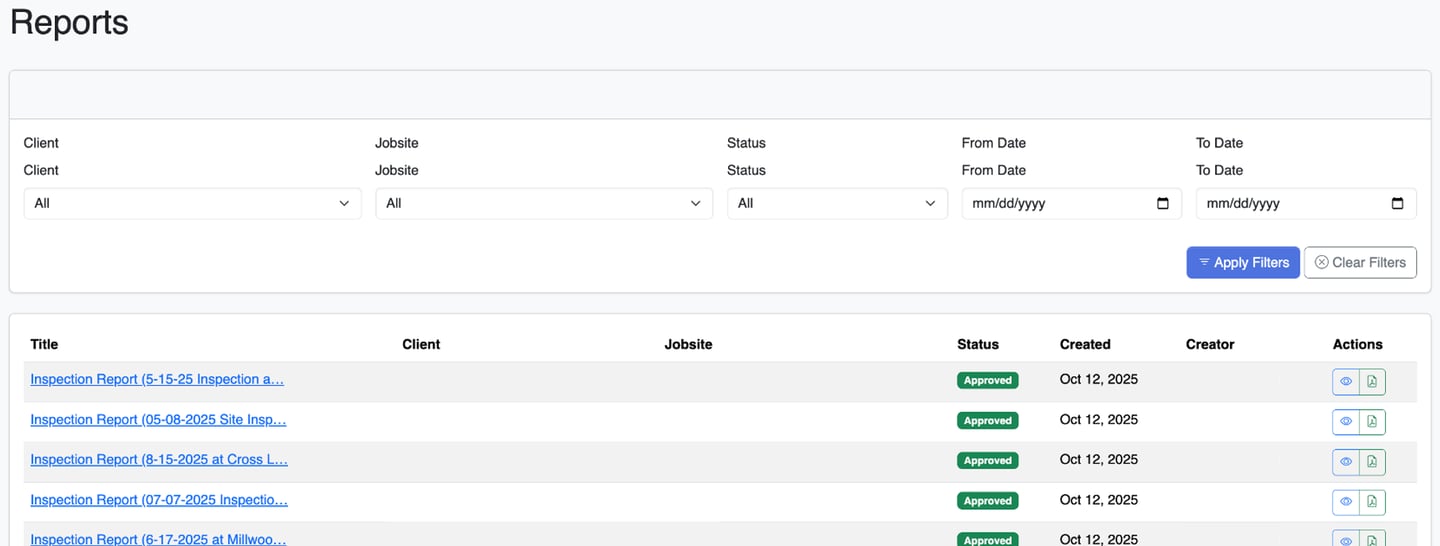 Screenshot of Reports view on OSHAlytics safety inspection application