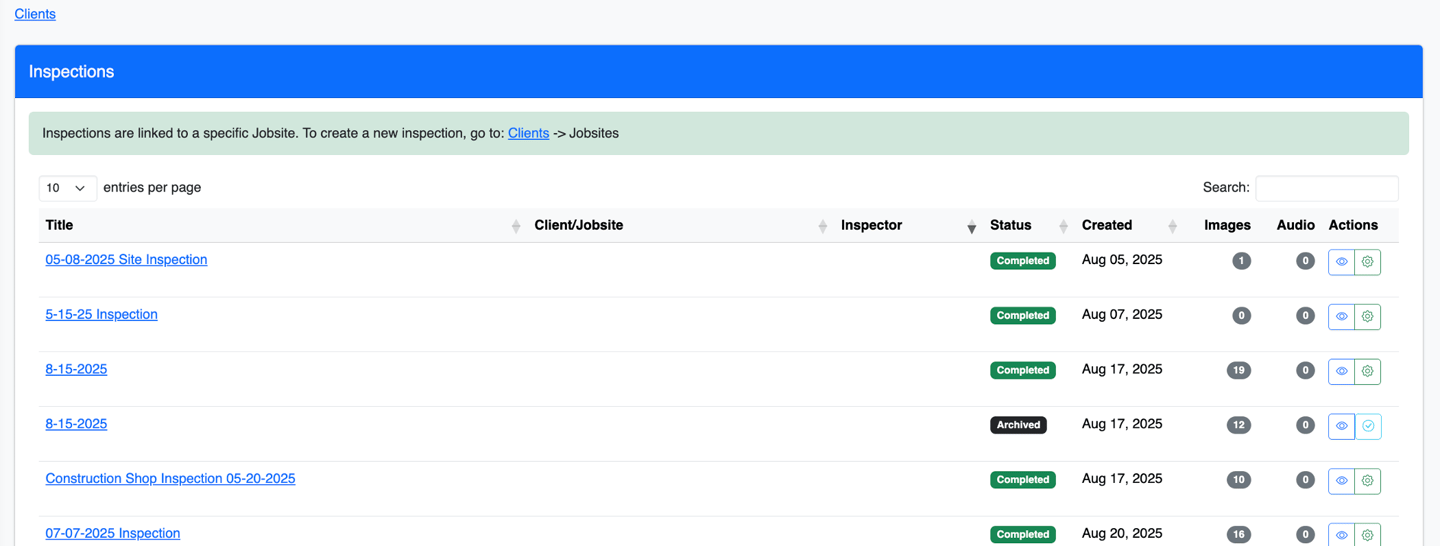 Screenshot of Inspections view on OSHAlytics safety inspection application