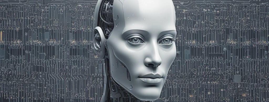 A futuristic and digital-themed image features a stylized circuit board with the words 'Open AI' in bold, glowing letters. Above it is a design that resembles an AI or robot face with neon accents. The background consists of a network of interconnected blue lines and nodes, suggesting themes of technology and connectivity.
