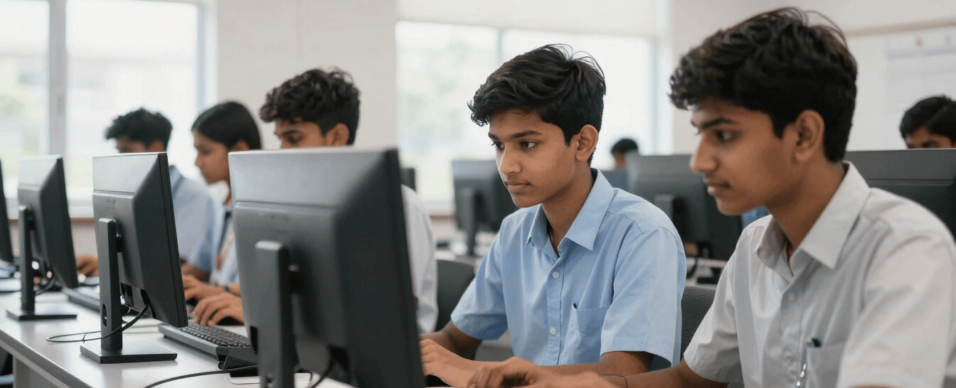 Focused Indian high school students in a modern computer laboratory, collaborative group work, bright high-key lighting.