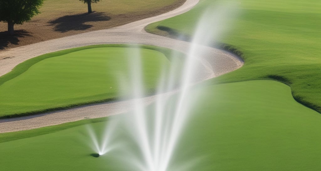 A lush landscape featuring a well-maintained golf course with large trees in the foreground. Sprinklers are actively watering the grass, creating arcs of water. In the distance, there's a small pond and golf carts suggesting leisure and recreation activities.