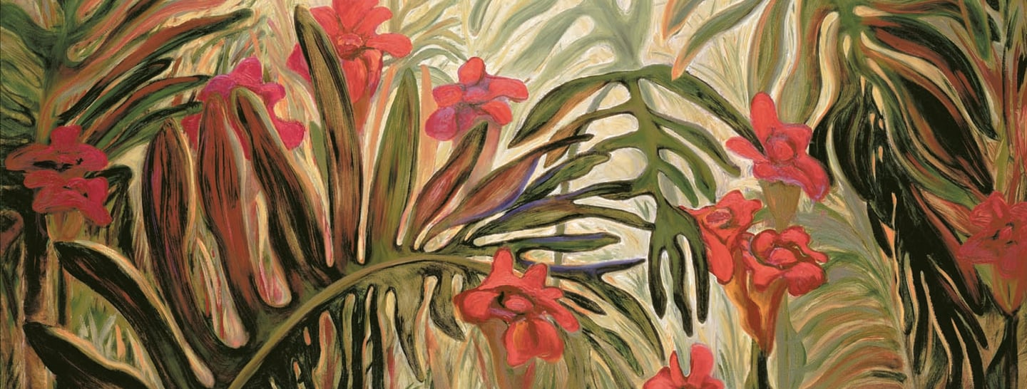 a painting of a tropical plant with red flowers by Sandra Forzani