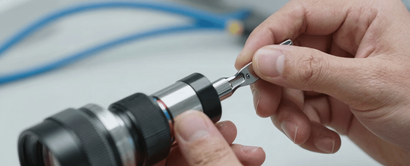 Close-up macro of a technician's hand adjusting a high-performance optical lens with precision tools, clean clinical lighting, neat blue cables in the background.