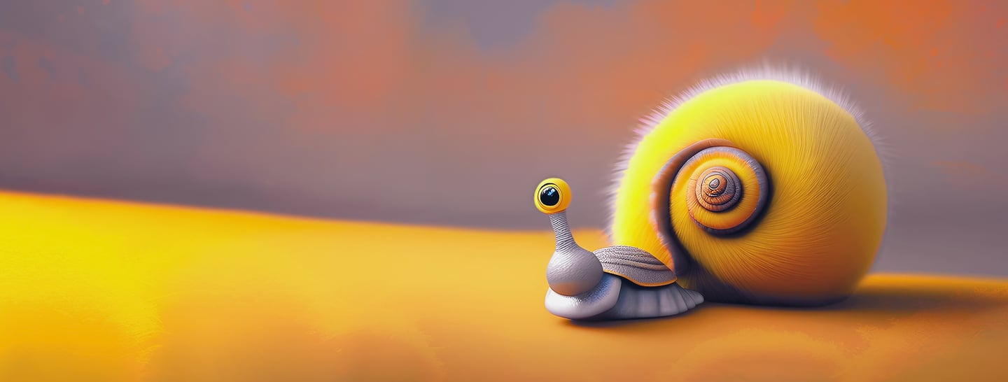 A cute 3D character snail with a large fluffy yellow shell and a single eye on a vibrant yellow surface.