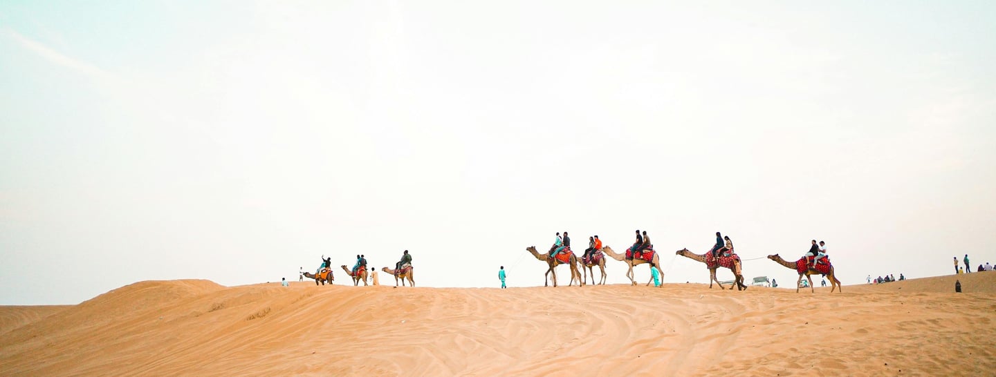 a group of people riding on camels in the desert
