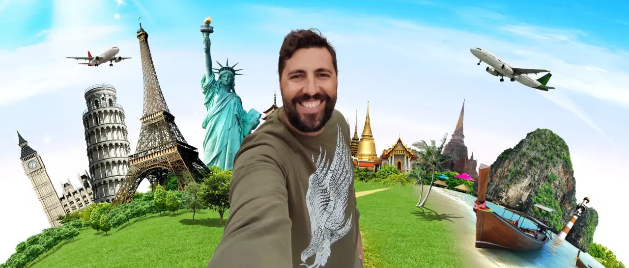 A smiling traveler taking a selfie with global landmarks like the Eiffel Tower and Statue of Liberty.