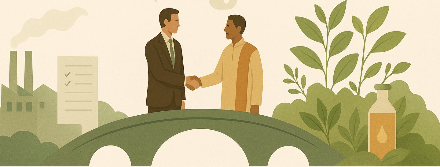 Flat-style digital illustration of a European and Indian professional shaking hands on a bridge that